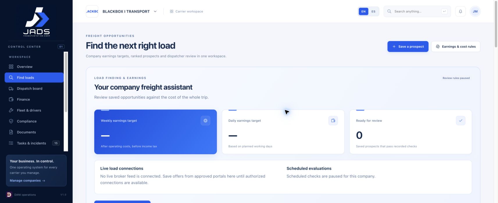 Carrier control center — load finding and earnings workspace