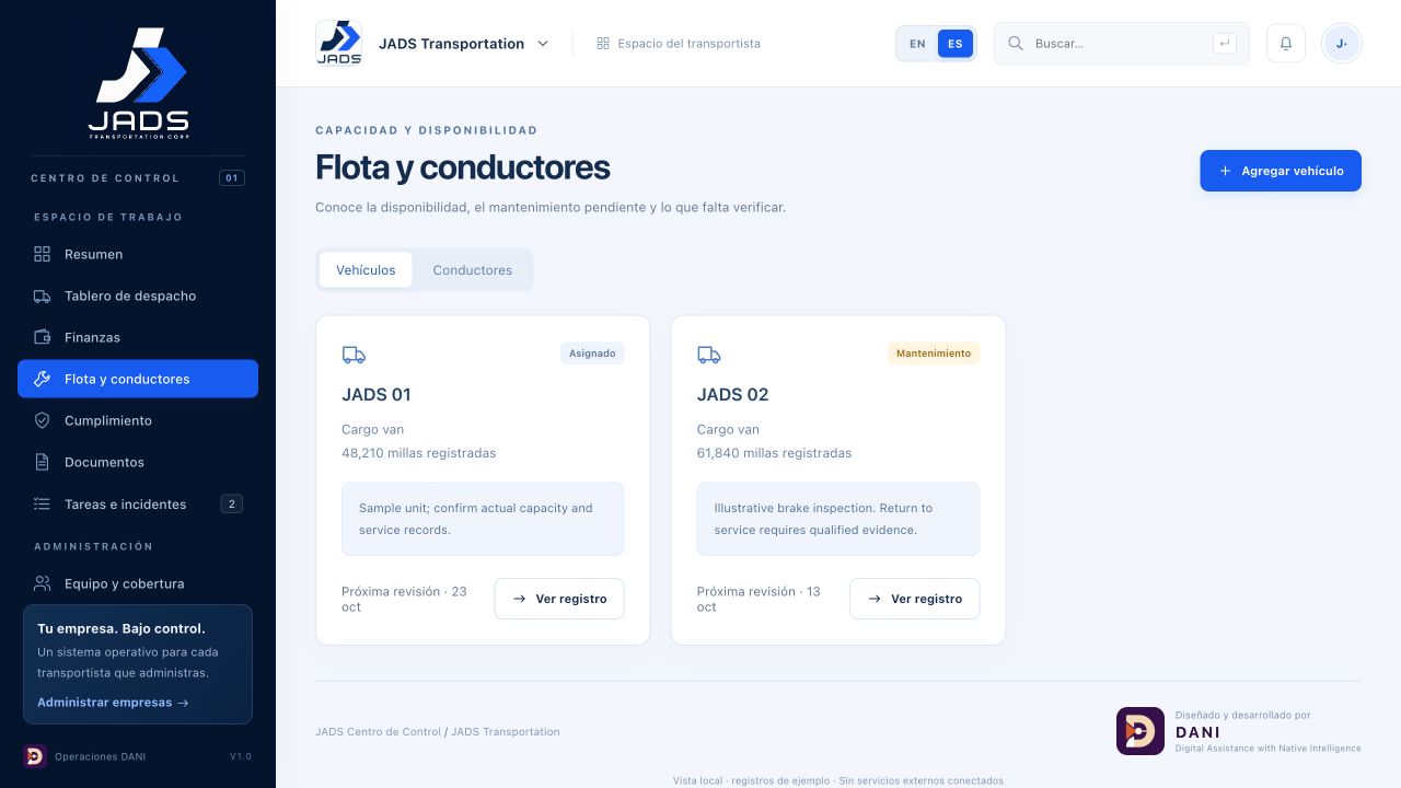 Fleet and drivers screen in Spanish, showing vehicle status and next inspection